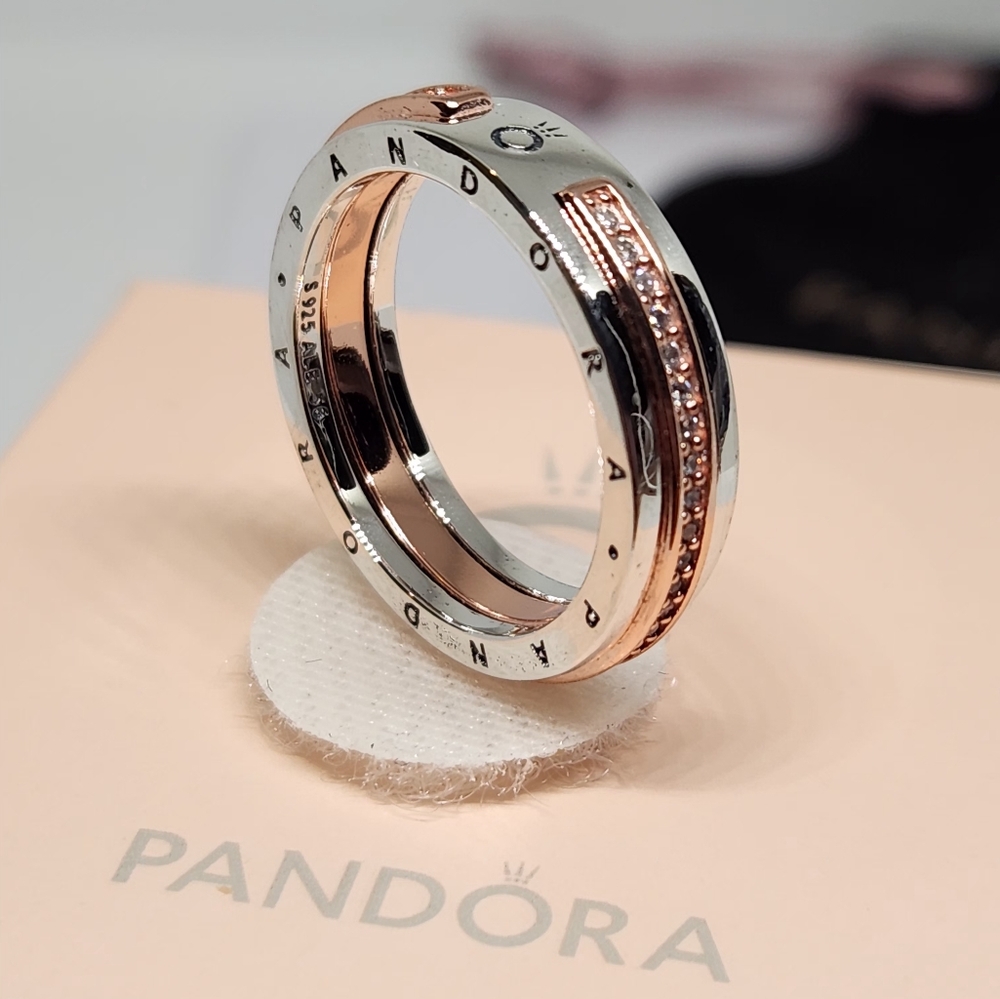 New Pandora Signature Two-tone Logo & Pavé Ring For Women's Size 7.5 / 56